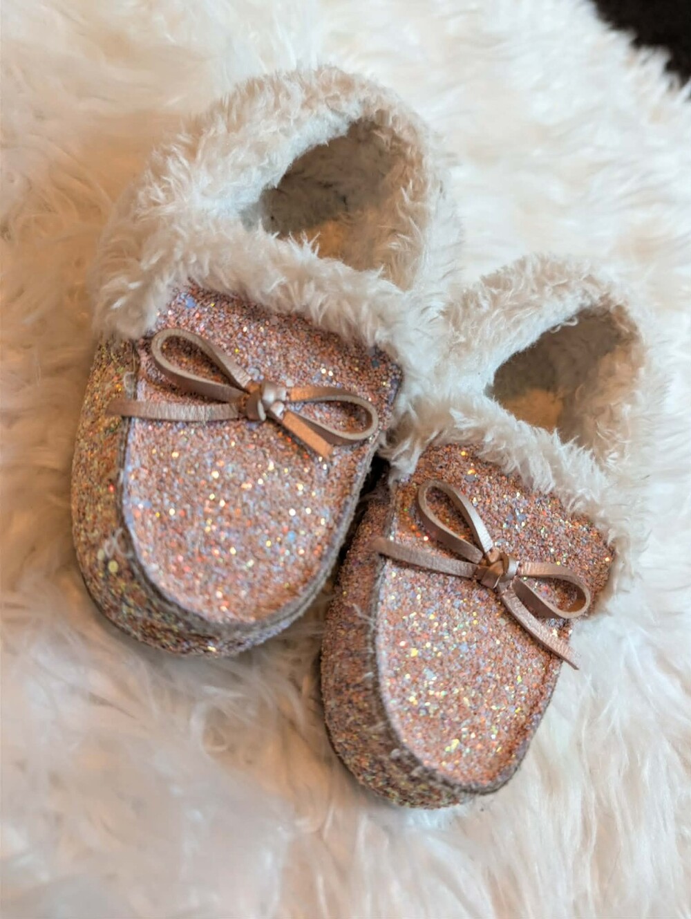 Glitter Bow Fuzzy-Lined Moccasin Slippers Slide Shoes Fall Winter- Rose Gold